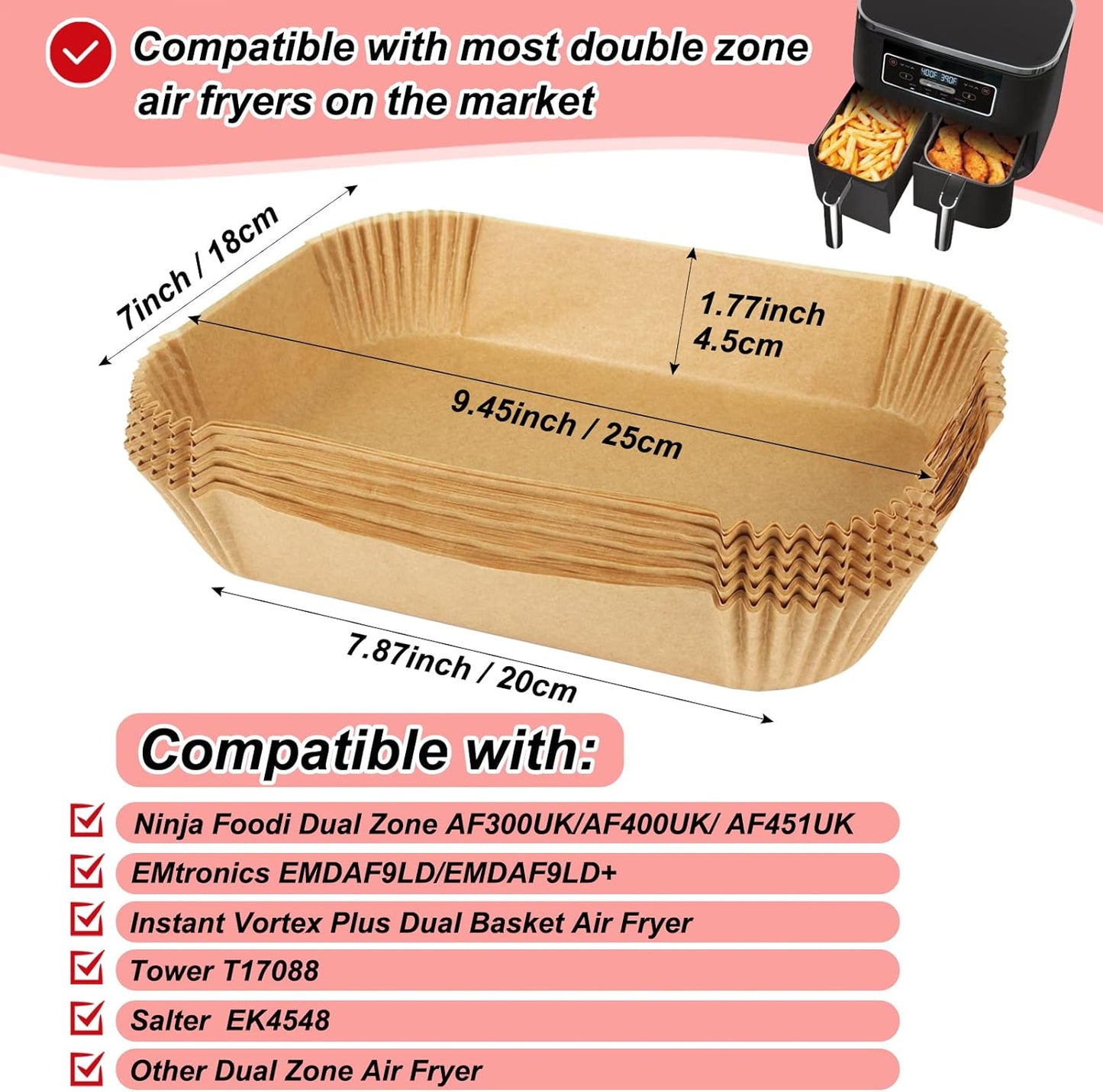 100Pcs Air Fryer Liners for Ninja Dual, Air Fryer AF300UK AF400UK Accessories, Disposable Airfryer Parchment Paper Liners, Compatible with Ninja, Breville, Tower & Other Dual Zone Fryers