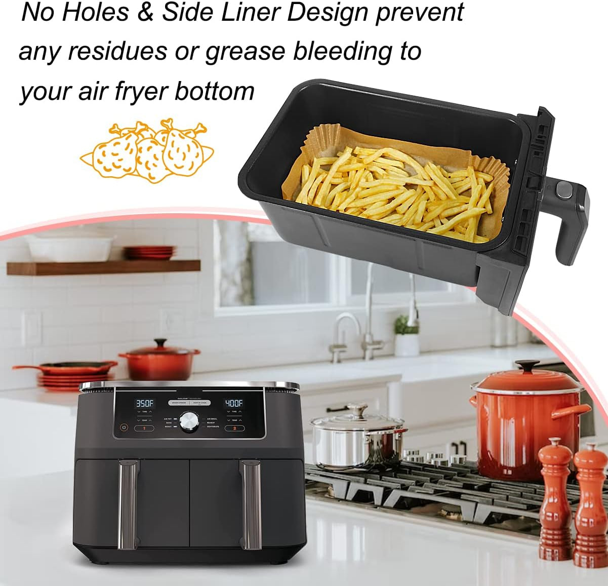 100Pcs Air Fryer Liners for Ninja Dual, Air Fryer AF300UK AF400UK Accessories, Disposable Airfryer Parchment Paper Liners, Compatible with Ninja, Breville, Tower & Other Dual Zone Fryers