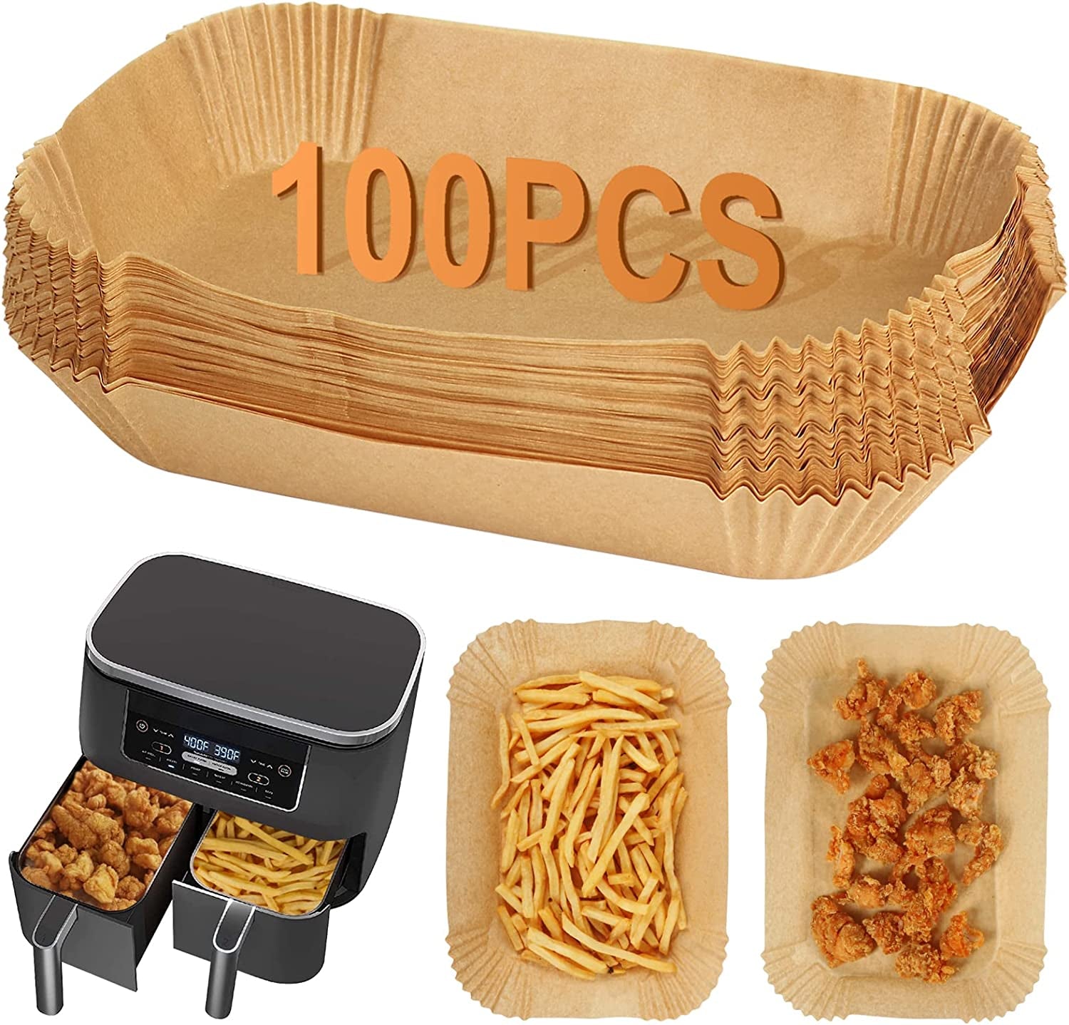 100Pcs Air Fryer Liners for Ninja Dual, Air Fryer AF300UK AF400UK Accessories, Disposable Airfryer Parchment Paper Liners, Compatible with Ninja, Breville, Tower & Other Dual Zone Fryers
